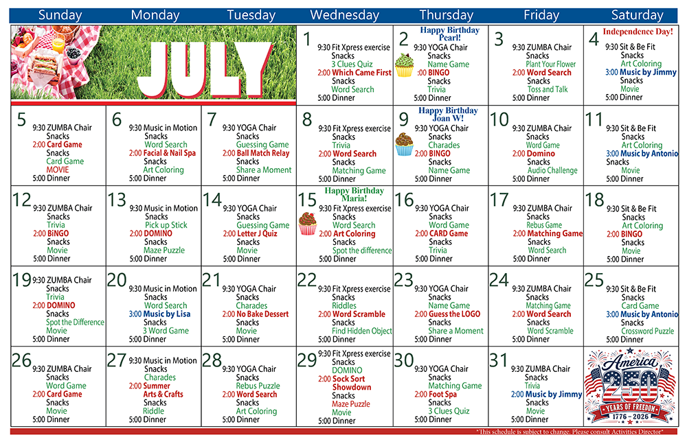 July Activity Calendar