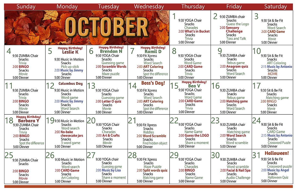 October 2026 activities calendar
